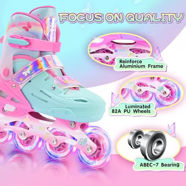 image2PM SPORTS Inline Skates for Girls Boys Kids Age 48 58 612 812 with Light Up Wheels Adjustable Inline Skates for Women Youth Size 11C 1 2 3 4 5 6 7 8Pink Green