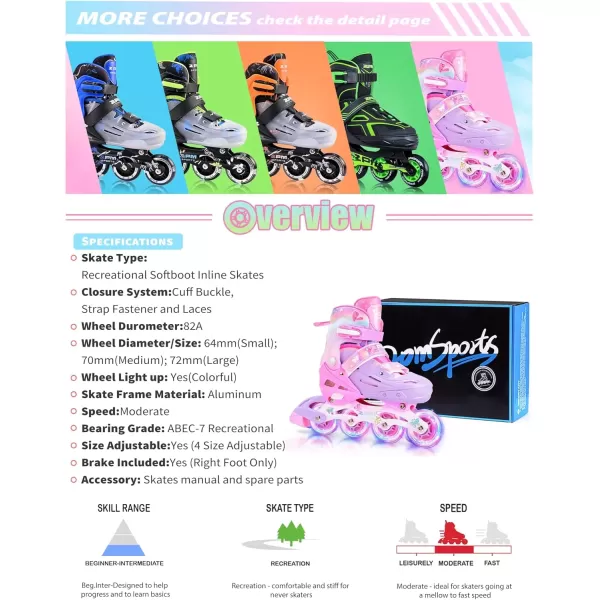 image2PM SPORTS Inline Skates for Girls Boys Kids Age 48 58 612 812 with Light Up Wheels Adjustable Inline Skates for Women Youth Size 11C 1 2 3 4 5 6 7 8Rose Red