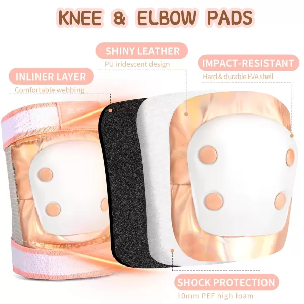 image2PM SPORTS Knee Pads for Women Wrist Guards Knee and Elbow Pads Set with Drawstring Bag Protective Gear Set for Girls Kids Roller Skating Skateboard  Pink ampamp White MediumGold