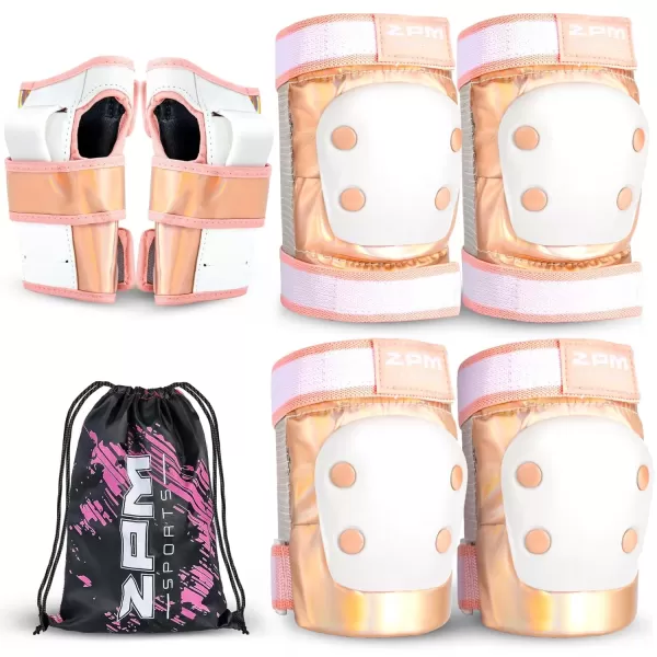 image2PM SPORTS Knee Pads for Women Wrist Guards Knee and Elbow Pads Set with Drawstring Bag Protective Gear Set for Girls Kids Roller Skating Skateboard  Pink ampamp White MediumGold
