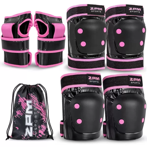 image2PM SPORTS Knee Pads for Women Wrist Guards Knee and Elbow Pads Set with Drawstring Bag Protective Gear Set for Girls Kids Roller Skating Skateboard  Pink ampamp White MediumPink  Black