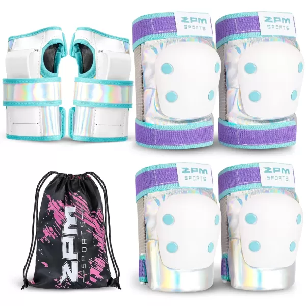 image2PM SPORTS Knee Pads for Women Wrist Guards Knee and Elbow Pads Set with Drawstring Bag Protective Gear Set for Girls Kids Roller Skating Skateboard  Pink ampamp White MediumBlue  Purple