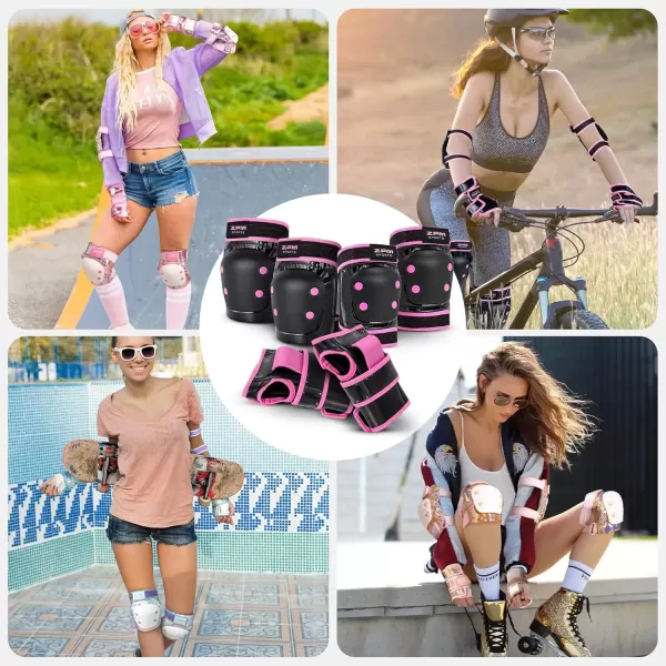 image2PM SPORTS Knee Pads for Women Wrist Guards Knee and Elbow Pads Set with Drawstring Bag Protective Gear Set for Girls Kids Roller Skating Skateboard  Pink ampamp White MediumPink  Black