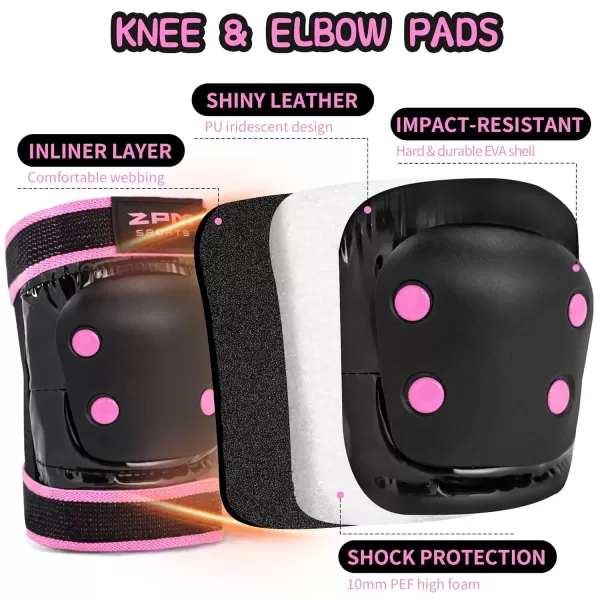 image2PM SPORTS Knee Pads for Women Wrist Guards Knee and Elbow Pads Set with Drawstring Bag Protective Gear Set for Girls Kids Roller Skating Skateboard  Pink ampamp White MediumPink  Black