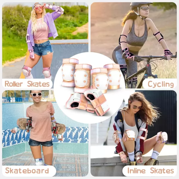 image2PM SPORTS Knee Pads for Women Wrist Guards Knee and Elbow Pads Set with Drawstring Bag Protective Gear Set for Girls Kids Roller Skating Skateboard  Pink ampamp White MediumGold