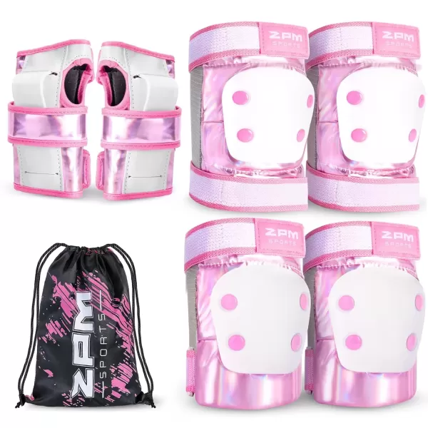 image2PM SPORTS Knee Pads for Women Wrist Guards Knee and Elbow Pads Set with Drawstring Bag Protective Gear Set for Girls Kids Roller Skating Skateboard  Pink ampamp White MediumPink  White