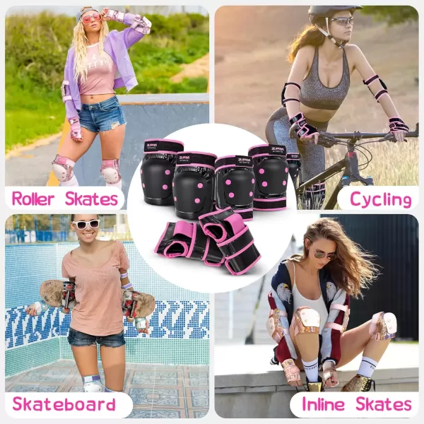 image2PM SPORTS Knee Pads for Women Wrist Guards Knee and Elbow Pads Set with Drawstring Bag Protective Gear Set for Girls Kids Roller Skating Skateboard  Pink ampamp White MediumPink  Black