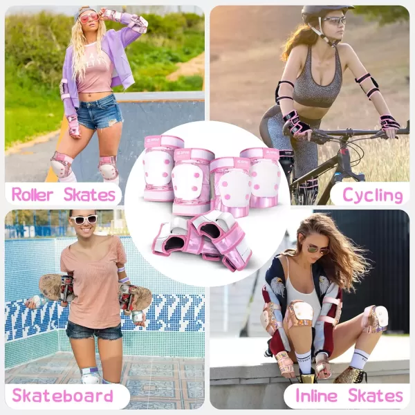 image2PM SPORTS Knee Pads for Women Wrist Guards Knee and Elbow Pads Set with Drawstring Bag Protective Gear Set for Girls Kids Roller Skating Skateboard  Pink ampamp White MediumPink  White
