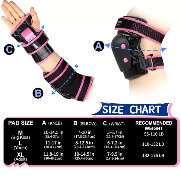 image2PM SPORTS Knee Pads for Women Wrist Guards Knee and Elbow Pads Set with Drawstring Bag Protective Gear Set for Girls Kids Roller Skating Skateboard  Pink ampamp White MediumPink  Black
