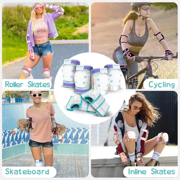 image2PM SPORTS Knee Pads for Women Wrist Guards Knee and Elbow Pads Set with Drawstring Bag Protective Gear Set for Girls Kids Roller Skating Skateboard  Pink ampamp White MediumBlue  Purple