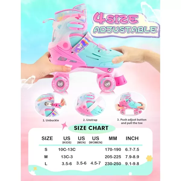 image2PM SPORTS Roller Skates for Girls Boys Kids Age 46 58 612 812 with Light Up Wheels Adjustable Youth Rollerskates Size 10C 11C 12C 13C 1 2 3 4 5 6Pink Green