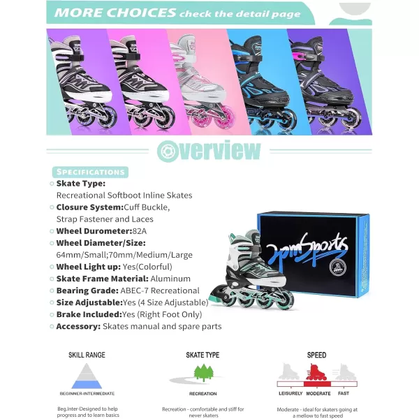 image2PM SPORTS Cytia Pink Girls Adjustable Illuminating Inline Skates with Light up Wheels Fun Flashing Beginner Roller Skates for KidsMint