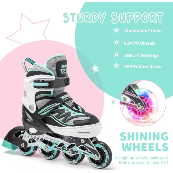 image2PM SPORTS Cytia Pink Girls Adjustable Illuminating Inline Skates with Light up Wheels Fun Flashing Beginner Roller Skates for KidsMint