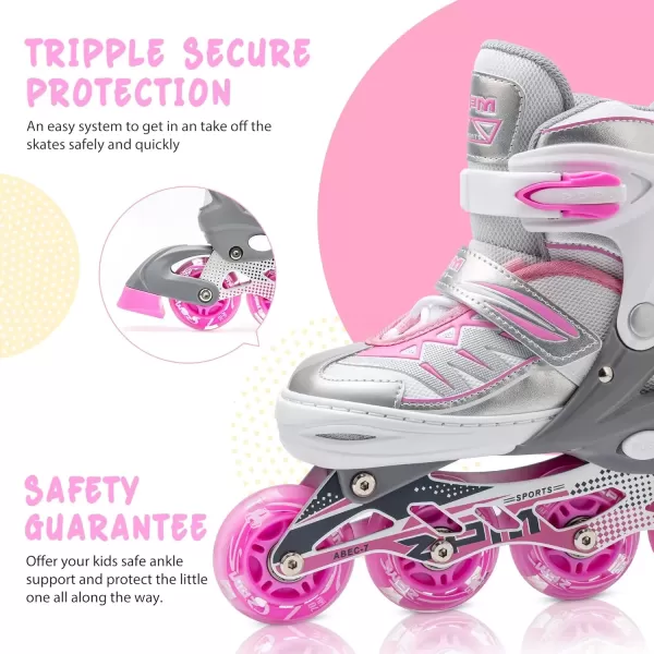 image2PM SPORTS Cytia Pink Girls Adjustable Illuminating Inline Skates with Light up Wheels Fun Flashing Beginner Roller Skates for Kidssilver