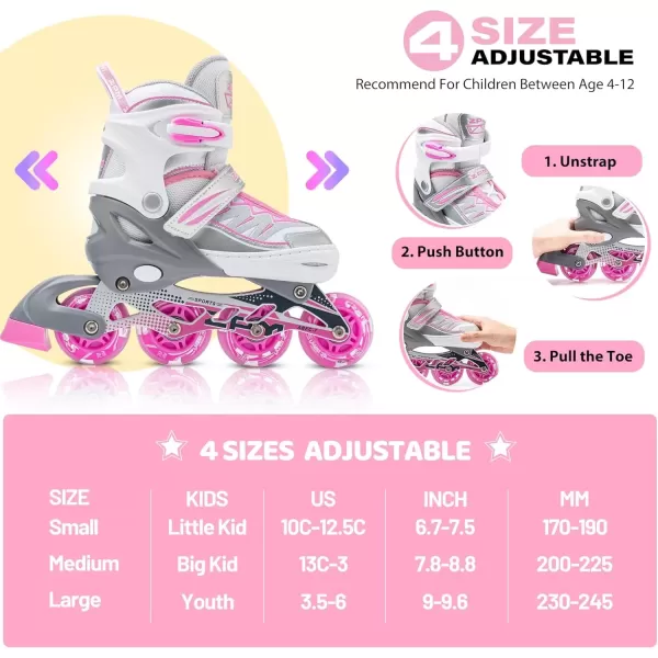 image2PM SPORTS Cytia Pink Girls Adjustable Illuminating Inline Skates with Light up Wheels Fun Flashing Beginner Roller Skates for Kidssilver