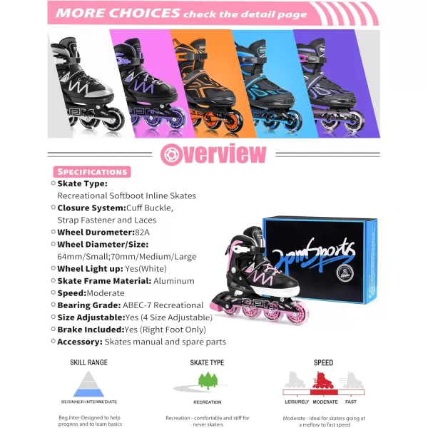 image2PM SPORTS Girls Adjustable Inline Skates with Full Light Up Wheels Fun Beginner Roller Skates for Kids Boys YouthPink  Black