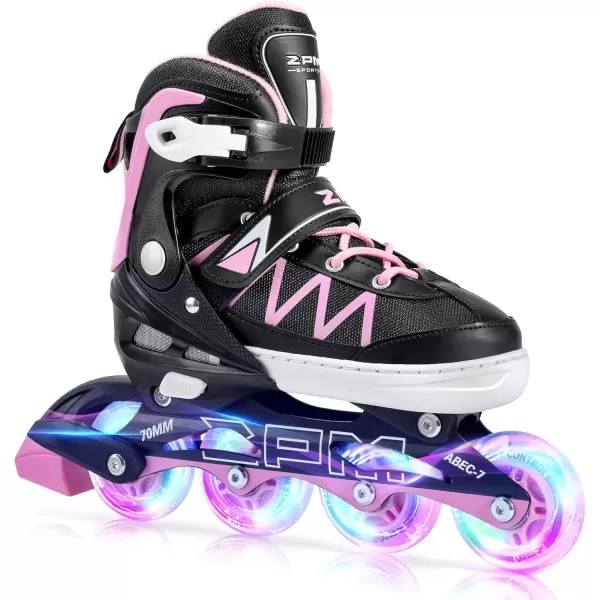 image2PM SPORTS Girls Adjustable Inline Skates with Full Light Up Wheels Fun Beginner Roller Skates for Kids Boys YouthPink  Black