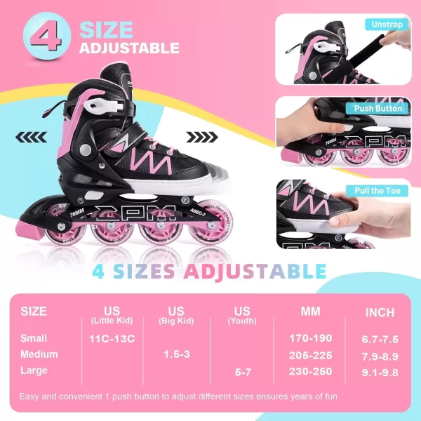 image2PM SPORTS Girls Adjustable Inline Skates with Full Light Up Wheels Fun Beginner Roller Skates for Kids Boys YouthPink  Black