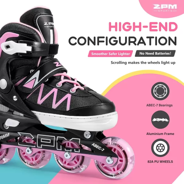 image2PM SPORTS Girls Adjustable Inline Skates with Full Light Up Wheels Fun Beginner Roller Skates for Kids Boys YouthPink  Black