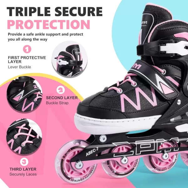 image2PM SPORTS Girls Adjustable Inline Skates with Full Light Up Wheels Fun Beginner Roller Skates for Kids Boys YouthPink  Black