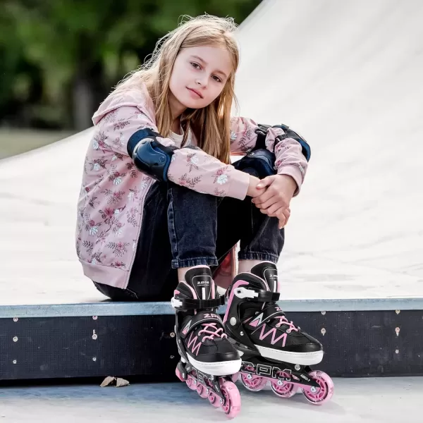 image2PM SPORTS Girls Adjustable Inline Skates with Full Light Up Wheels Fun Beginner Roller Skates for Kids Boys YouthPink  Black