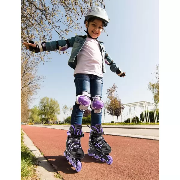 image2PM SPORTS Girls Adjustable Inline Skates with Full Light Up Wheels Fun Beginner Roller Skates for Kids Boys YouthPurple  Black