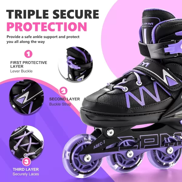 image2PM SPORTS Girls Adjustable Inline Skates with Full Light Up Wheels Fun Beginner Roller Skates for Kids Boys YouthPurple  Black