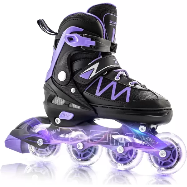 image2PM SPORTS Girls Adjustable Inline Skates with Full Light Up Wheels Fun Beginner Roller Skates for Kids Boys YouthPurple  Black