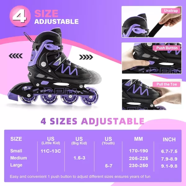 image2PM SPORTS Girls Adjustable Inline Skates with Full Light Up Wheels Fun Beginner Roller Skates for Kids Boys YouthPurple  Black
