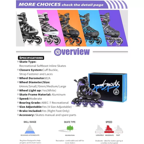 image2PM SPORTS Girls Adjustable Inline Skates with Full Light Up Wheels Fun Beginner Roller Skates for Kids Boys YouthPurple  Black