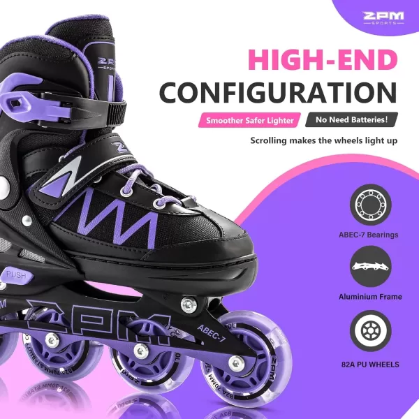 image2PM SPORTS Girls Adjustable Inline Skates with Full Light Up Wheels Fun Beginner Roller Skates for Kids Boys YouthPurple  Black