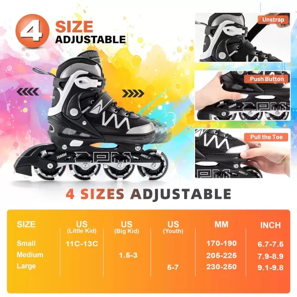 image2PM SPORTS Girls Adjustable Inline Skates with Full Light Up Wheels Fun Beginner Roller Skates for Kids Boys YouthWhite  Black