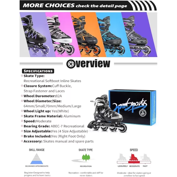 image2PM SPORTS Girls Adjustable Inline Skates with Full Light Up Wheels Fun Beginner Roller Skates for Kids Boys YouthWhite  Black
