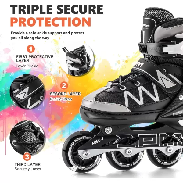 image2PM SPORTS Girls Adjustable Inline Skates with Full Light Up Wheels Fun Beginner Roller Skates for Kids Boys YouthWhite  Black