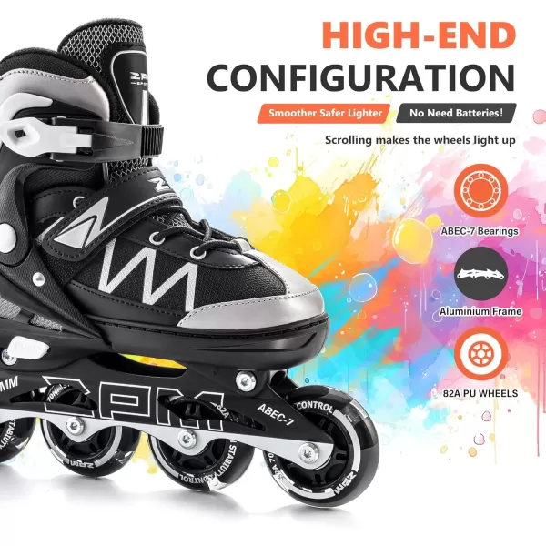 image2PM SPORTS Girls Adjustable Inline Skates with Full Light Up Wheels Fun Beginner Roller Skates for Kids Boys YouthWhite  Black