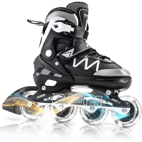 image2PM SPORTS Girls Adjustable Inline Skates with Full Light Up Wheels Fun Beginner Roller Skates for Kids Boys YouthWhite  Black
