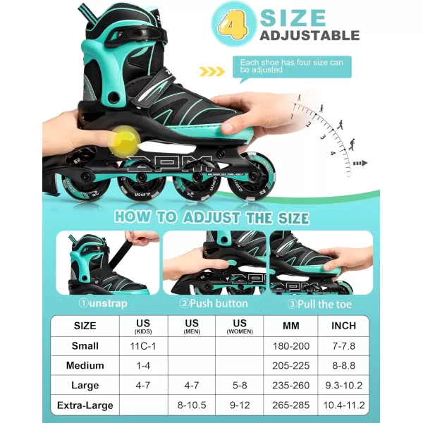 image2PM SPORTS Kids Adjustable Inline Skates Ages 412 Youth Inlie Skates for Girls Boys 58 812 with Full Light Up Wheels Beginner Women Adult SkatesMint