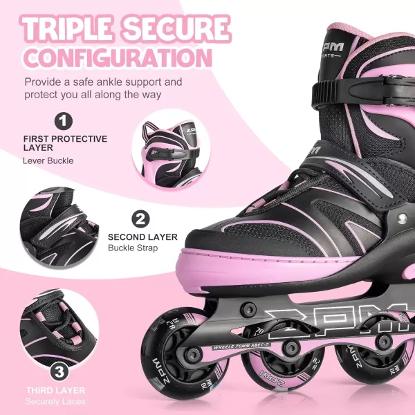 image2PM SPORTS Kids Adjustable Inline Skates Ages 412 Youth Inlie Skates for Girls Boys 58 812 with Full Light Up Wheels Beginner Women Adult SkatesPink