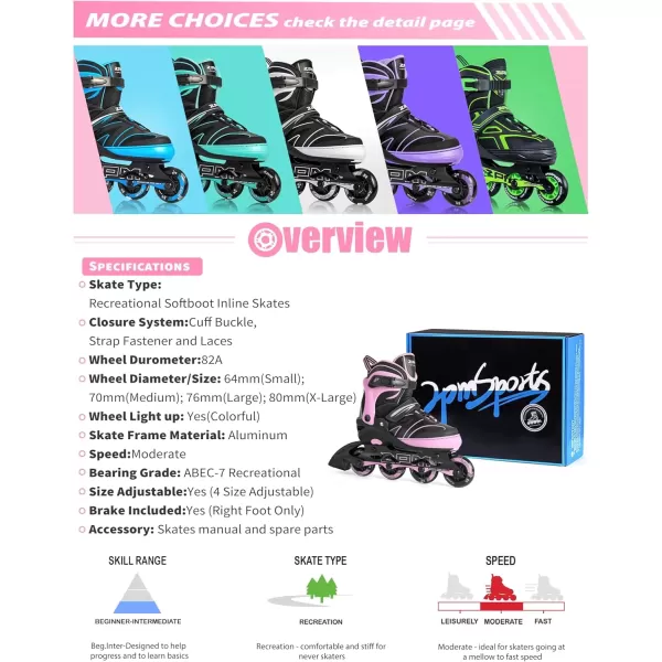 image2PM SPORTS Kids Adjustable Inline Skates Ages 412 Youth Inlie Skates for Girls Boys 58 812 with Full Light Up Wheels Beginner Women Adult SkatesPink