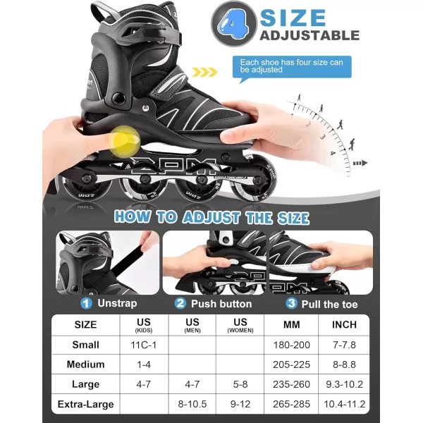 image2PM SPORTS Kids Adjustable Inline Skates Ages 412 Youth Inlie Skates for Girls Boys 58 812 with Full Light Up Wheels Beginner Women Adult SkatesSilver