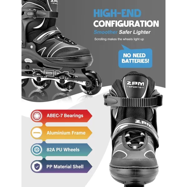 image2PM SPORTS Kids Adjustable Inline Skates Ages 412 Youth Inlie Skates for Girls Boys 58 812 with Full Light Up Wheels Beginner Women Adult SkatesSilver