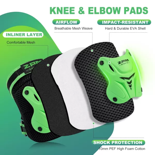 image2PM SPORTS Knee Pads for Kids Wrist Guards Knee and Elbow Pads Set with Drawstring Bag Protective Gear Set for Girls Boys Roller Skating Cycling Skateboard  Black SmallGreen
