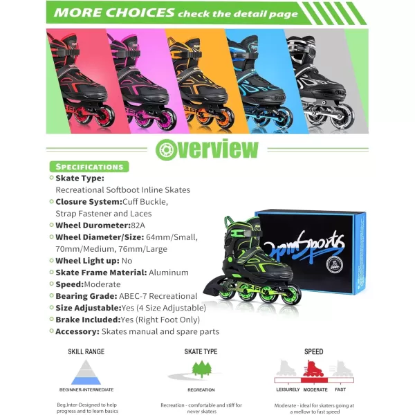 image2PM SPORTS Torinx Green Boys Adjustable Inline Skates Fun Beginner Roller Skates for Kids Youth Girls Men and WomenGreen