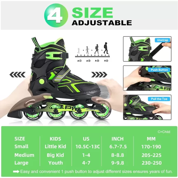 image2PM SPORTS Torinx Green Boys Adjustable Inline Skates Fun Beginner Roller Skates for Kids Youth Girls Men and WomenGreen