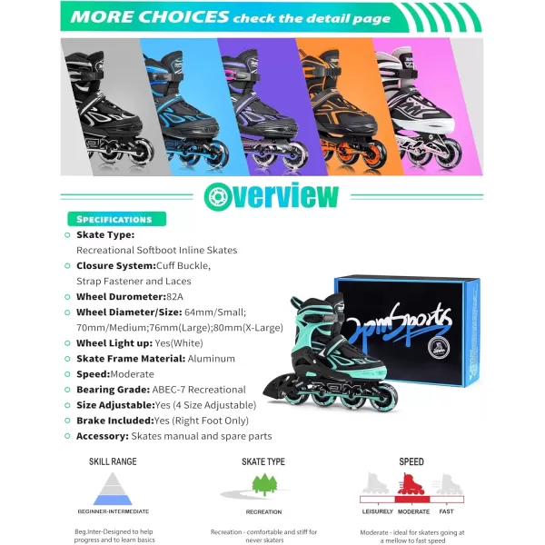 image2PM SPORTS Vinal Girls Adjustable Flashing Inline Skates All Wheels Light Up Fun Illuminating Skates for Kids and MenMint