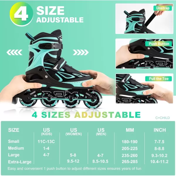 image2PM SPORTS Vinal Girls Adjustable Flashing Inline Skates All Wheels Light Up Fun Illuminating Skates for Kids and MenMint