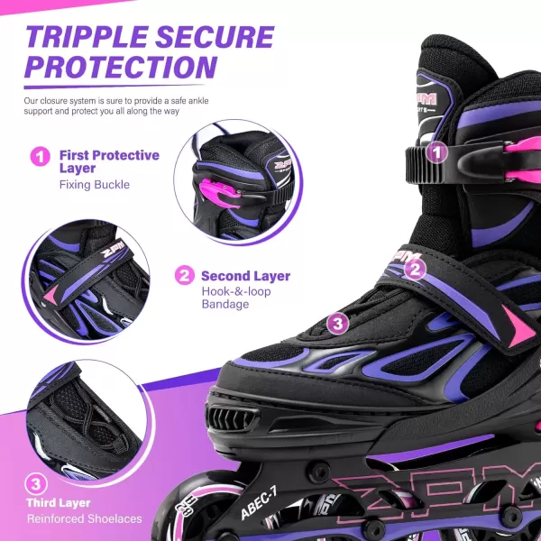 image2PM SPORTS Vinal Girls Adjustable Flashing Inline Skates All Wheels Light Up Fun Illuminating Skates for Kids and MenViolet  Magenta
