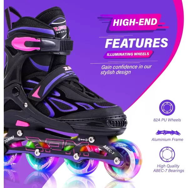 image2PM SPORTS Vinal Girls Adjustable Flashing Inline Skates All Wheels Light Up Fun Illuminating Skates for Kids and MenViolet  Magenta