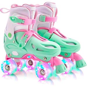 image2PM SPORTS 4 Size Adjustable Light Up Roller Skates for Girls Flashing 4 Wheels Beginner Kids Rollerskates for Age 58 812Green