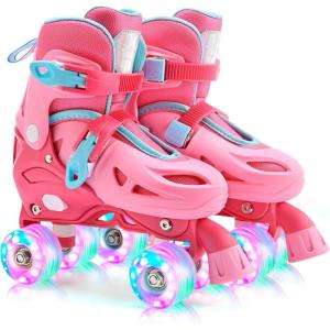 image2PM SPORTS 4 Size Adjustable Light Up Roller Skates for Girls Flashing 4 Wheels Beginner Kids Rollerskates for Age 58 812Red